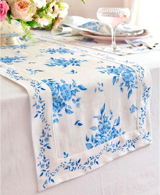 Solino Home Blue Floral Print Table Runner 36 inch - 100% Pure Linen Table Runner 14 x 36 Inch - Handcrafted and Machine Washable - Jolie Fleur Print