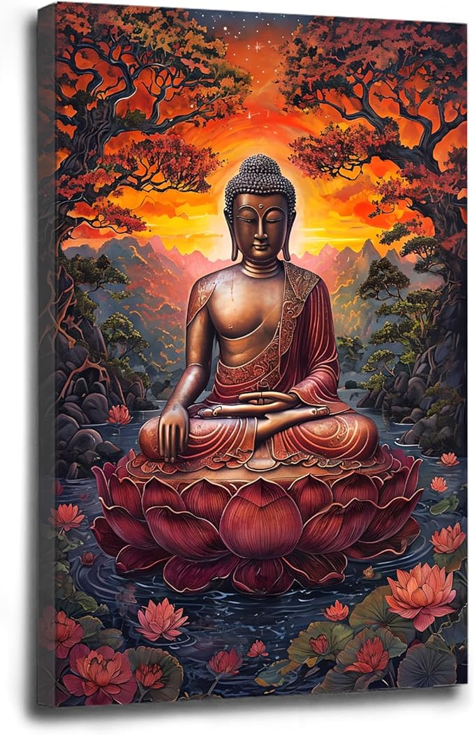 Golden Buddha on lotus seat serene meditation statue amidst lush trees flowing water and sunrise light spiritual home art for a tranquil decor 8x12in Wood Framed