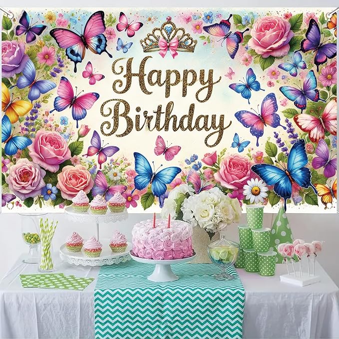 Happy Birthday Backdrop Butterfly Floral Banner Crown Decorations Photography Background for Women Girls Princess Supplies Cake Table Photo Shoot Props 71 x 43 Inch