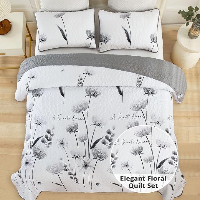 Dinjoy Floral Quilt Set California King Size,Gray Bedspread Farmhouse Bedding Set Soft Lightweight Quilts 3 Piece White Oversized Flower Plant Bed Cover Sets for Fall Winter (Cal King,106"x95")