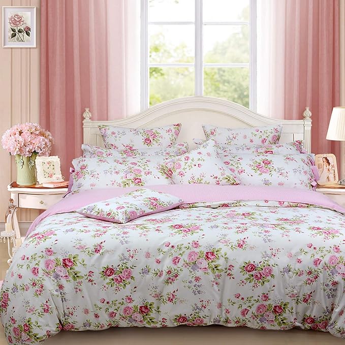 FADFAY Rose Floral Duvet Cover Set Pink Grid Cotton Girls Bedding with Hidden Zipper Closure 3 Pieces, 1duvet Cover & 2pillowcases,King/California King Size