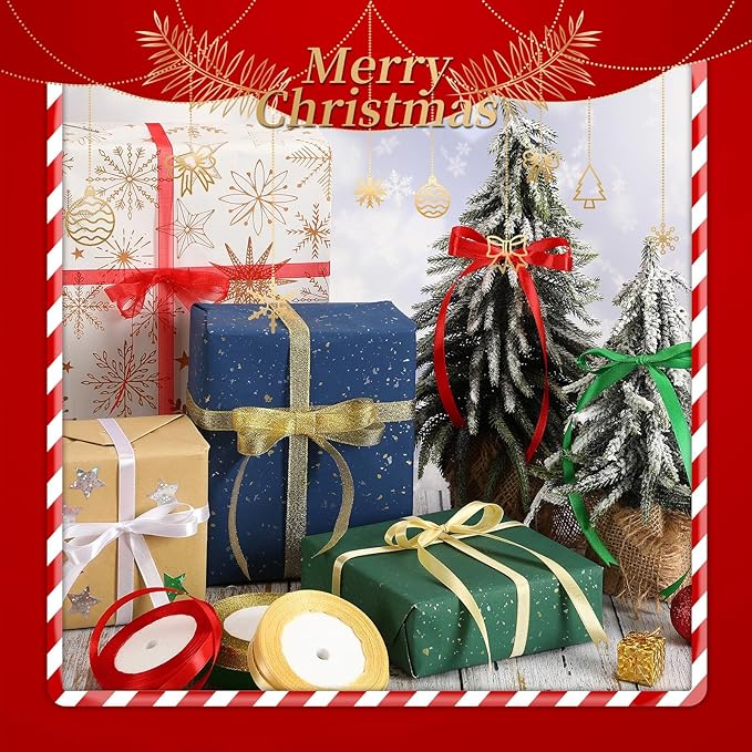 Christmas Ribbon, SEPGLITTER 250 Yards 8 Rolls Christmas Satin Organza Ribbons Gift Wrapping Ribbon for Xmas Party Decoration DIY Crafts Supplies (Red, Green, Gold, Silver, White)