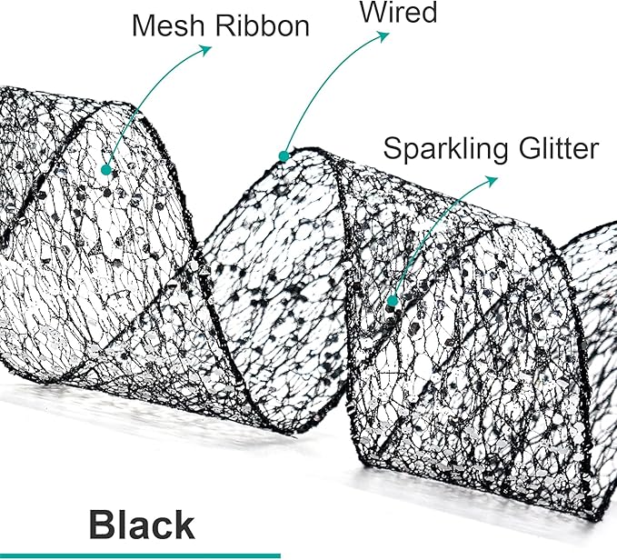 CT CRAFT LLC Sparkling Glitter Mesh Wired Ribbon 6" x 10 Yards Black for Christmas Home Decor Bow Gift Wrapping DIY Crafts Wreath