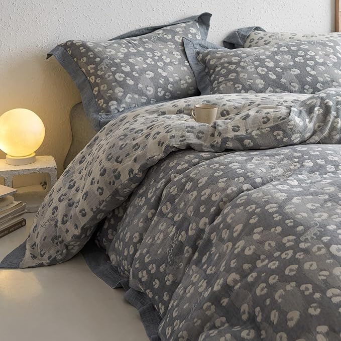 Jacquard Leopard Duvet Cover King Yarn-Dyed Linen Cotton Duvet Cover Vintage Grey Leopard Print Bedding Set Floral Muslin Cotton Jacquard Comforter Cover Boho Leopard Pattern Duvet Cover for Men Women