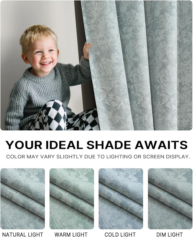 Chenille Floral Blackout Curtains 84 Inch Length 2 Panels Set - Bedroom Living Room Darkening Thermal Insulated Black Out Window Treatments Grommet Jacquard Drapes 52 Inch Wide Blue