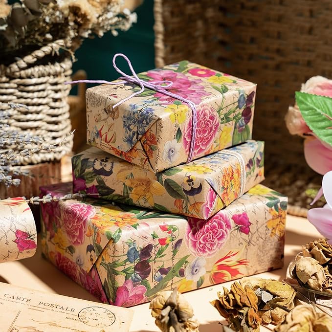 WRAPAHOLIC Kraft Floral Wrapping Paper Roll - Mini Roll - 17 Inch x 9.8 Feet - All Occasion Vintage Flower Wrapping Paper for Wedding Bridal Shower Birthday