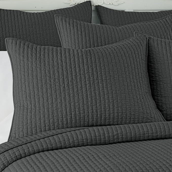 Levtex Home Cross Stitch Reversible King/Cal King Quilt Set (106x92in) and 2 Pillow Shams (36x20in) - Stitch Texture - Charcoal - Cotton King Size Quilt Bedding Set - Lightweight Soft Pre-Washed