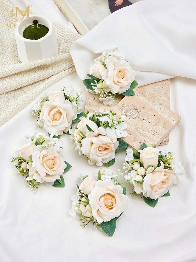 Meldel Champagne Pocket Boutonniere for Men Wedding,Set of 6,Groom Groomsman Boutonnieres Artificial Rose Hydrangea Berry Corsage for Prom Ceremony Party Homecoming