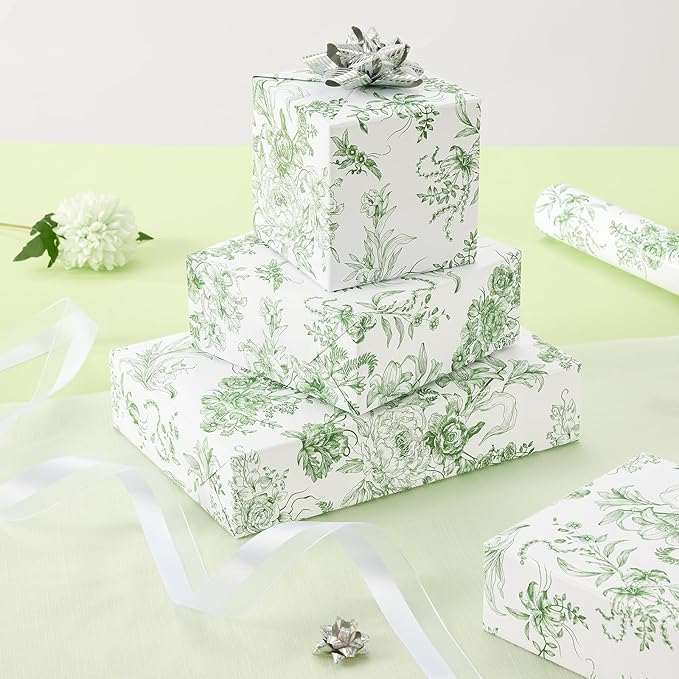 WERNNSAI Flower Gift Wrapping Paper Roll - 1 Roll 17”x 33 ft Bouquet Wrapping Paper Green Floral Wrapping Paper for Girls Birthday Party Women Wedding Gift Wrap Supply