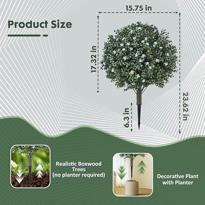 Artificial Boxwood Topiary Shrub with White Flowers,Set of 2 Artificial Boxwood Ball Bush with Metal Spike, UV Resistant Realistic Faux Shrubs for Garden, Yard, Patio, Porch Outdoor Decor
