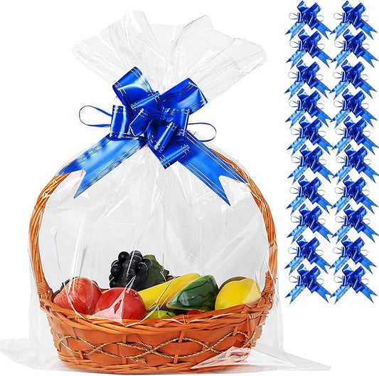 50 Packs Large Cellophane Bags 18" x 24" Clear Cellophane Gift Basket Wraps 2.3 Mil Thick Transparent Cello Bags for Fruit Basket, Gift Wrap, Treats, Arts and Crafts, 50ct Blue Ribbon Bows