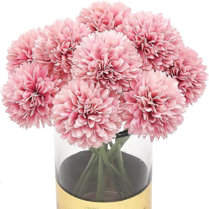 10Pcs Artificial Fake Flower Plants Silk Chrysanthemum Ball Hydrangea Arrangements Wedding Bouquets Decor Home Kitchen Garden Party Table Floral Centerpieces DIY(Dark Pink)