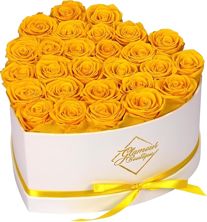 GLAMOUR BOUTIQUE Preserved Roses in a Box - Gifts for Her, Wife & Mom, Rose Flowers Forever Decor for Birthday Gift, Get Well Flower Bouquet Cased in White Box with Cover - Yellow - 27-Piece