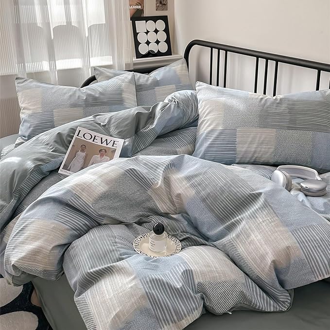 Farmhouse Twin XL Geometric Patchwork Comforter Set with Fluffy Plaid Striped Comforter and 2 Pillowcases for All Season Bedding