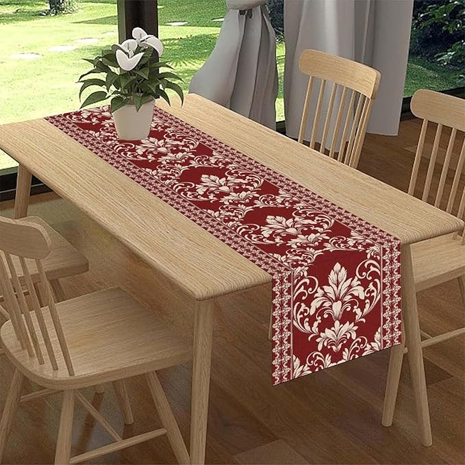 Damask Table Runner, Red Rustic Damask Antique Floral Retro Boho Art Pattern Linen Coffee Table Center Decor for Home Kitchen Dining Decorations Indoor Outdoor 13x36 inch