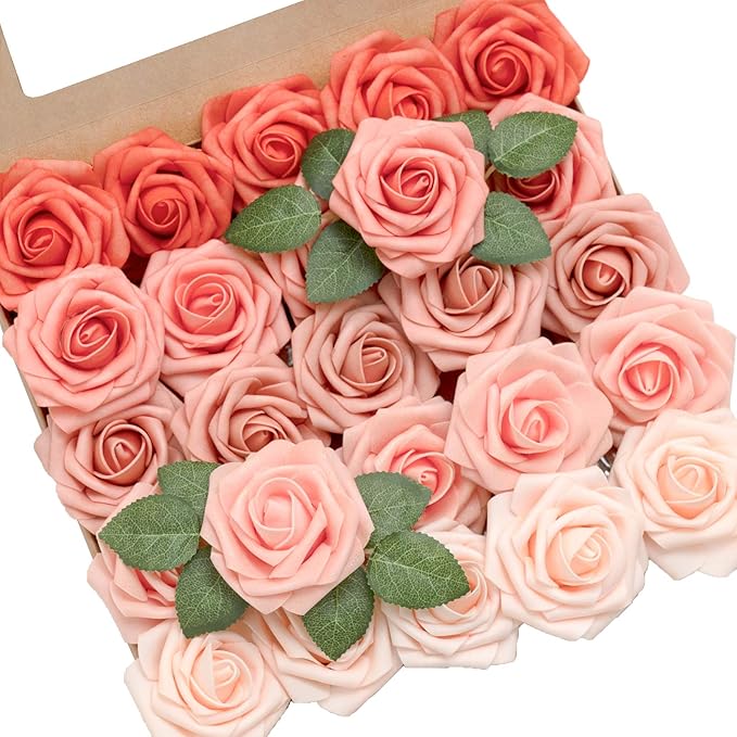 Ling's moment Artificial Flowers, 25Pcs 3" Roses in Coral Shades, Realistic DIY Foam Floral Decor for Wedding Bouquets/Centerpieces, Outdoor Party Backdrops, Room/Table, and Garden/Pot Decorations