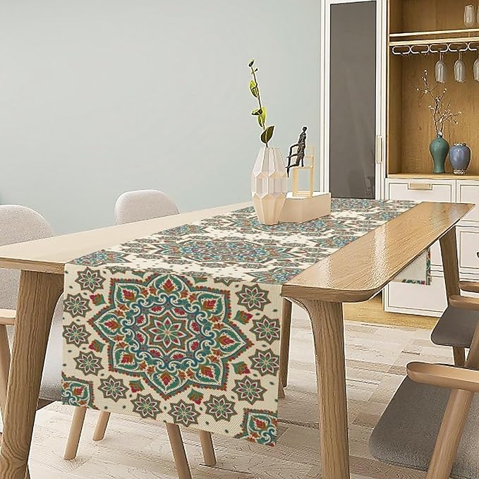 Boho Table Runner, Colorful Bohemian Mandala Geometric Floral Table Runner for Kitchen Dining Home Party Decoration, 13x70 Inch