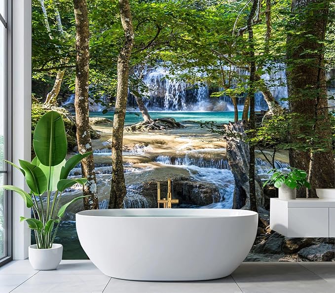 Cliouar--Erawan Waterfall in Kanchanaburi Mural Wallpaper Peel and Stick 160" x 114"