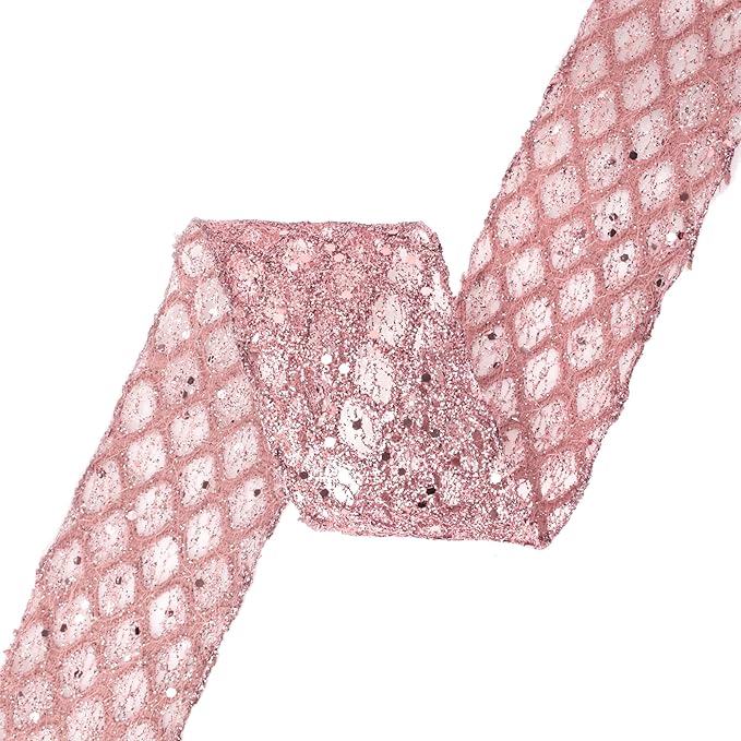 VATIN 2-1/2" Rose Gold Christmas Ribbon, Rose Gold Glitter Mesh Diamond Web Sequin Dots Wired Christmas Ribbon for Gift Wrapping Bow Making Wreath Supply-10 Yards