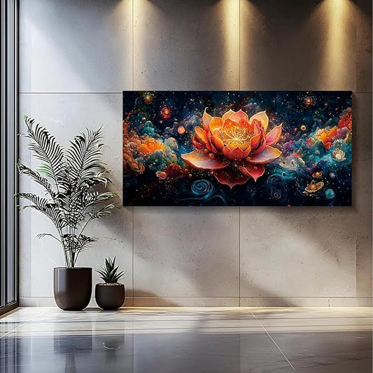 Iallbin Zen Stone Wall Art & Zen Wall Decor, Uminous Ornate Flower With Golden-Orange Petals -for Yoga Meditation Room, Spa & Bathroom, Golden Stamen Art Deco Style, Ready to Hang, 58x29 Inches