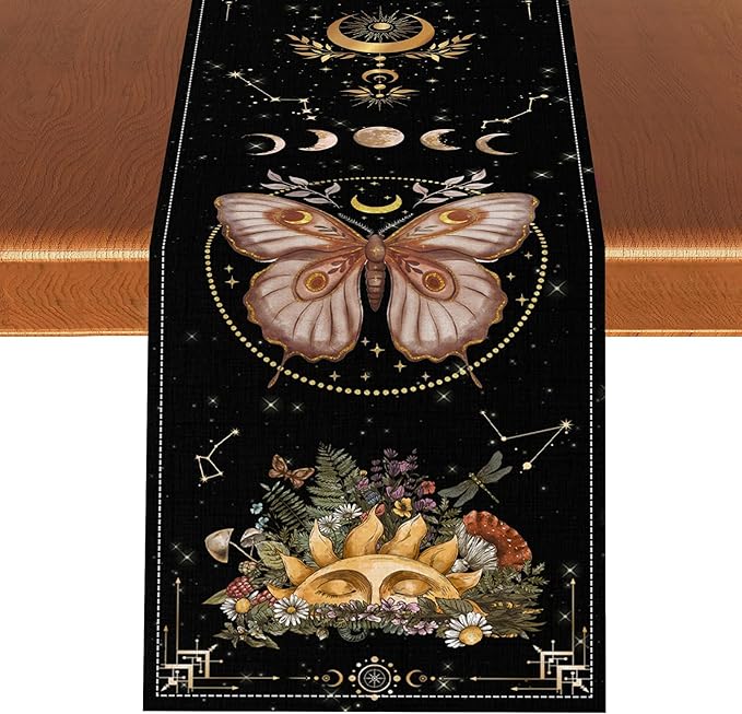 Gothic Moth Table Runner, Boho Gothic Sun Moon Phase Wildflower Mystical Witchy Farmhouse Coffee Table Center Decor for Home Kitchen Dining Patio Holiday Party Table Decorations 13x108 inches