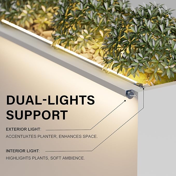 GSK 30" L White LED Metal Planter Flower Box Outdoor Illuminate Magnetic 3000K LED Light Strips Glow Vibe Modern Rectangle Raised Trough Drainage Holes Indoor Patio Balcony or Garden Decor