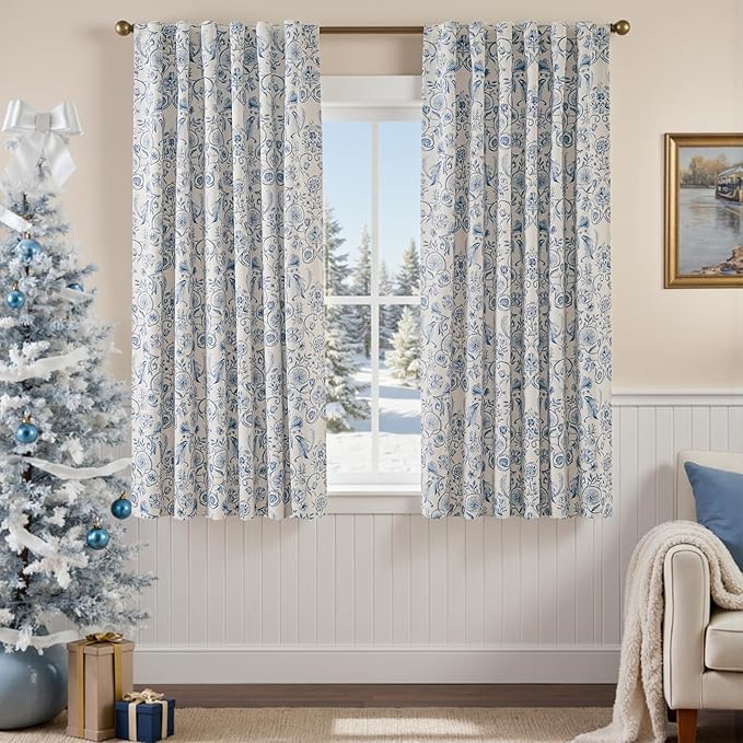 jinchan Floral Blackout Curtains for Bedroom Living Room 63 Inches Length Farmhouse Curtains Room Darkening Vintage Short Drapes Traditional Rod Pocket Window Treatment 2 Panels Set Blue on Beige