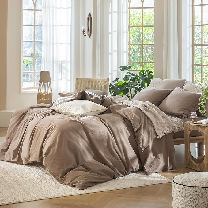 MooMee Bedding Duvet Cover Set 100% Washed Cotton Linen Like Textured Breathable Durable Soft Comfy (Solid Brown, Oversized Queen 98"x98")