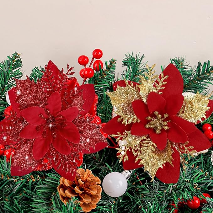 24 PCS Poinsettia Flower Artificial Red Gold Christmas Flowers Artificial 5.5'' Glitter Poinsettias Artificial Christmas Tree Flower With Clips Diy Xmas Wreath Holiday New Year Home Party Decor