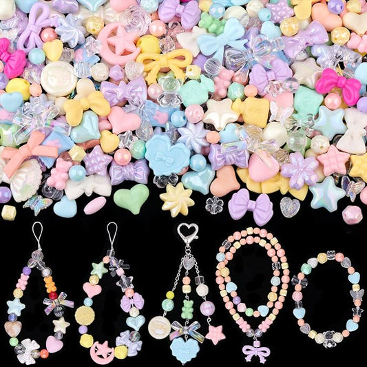 Assorted Acrylic Beads, 200-260PCS Macaroon Color Cute Beads for Bracelet Making, GummyBear Bow Candy Kawaii Charms for Jewelry Making DIY Necklace Keychain Phone Charm Christmas Gift