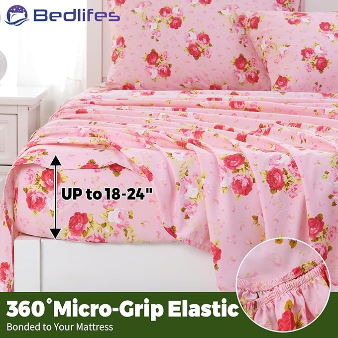 Bedlifes Extra Deep Pocket 18-24" Queen 4-Piece Sheet Set - Cooling Sheets Blend Rayon Derived from Bamboo Soft & Breathable,Featuring Pink Floral Red Rose