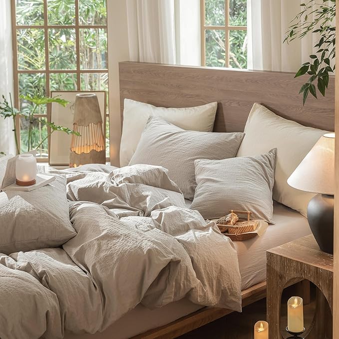 MooMee Wavy Striped Duvet Cover Set 100% Washed Cotton Linen Like Textured Breathable Durable Soft Comfy (Beige, Cal King 104"x98")
