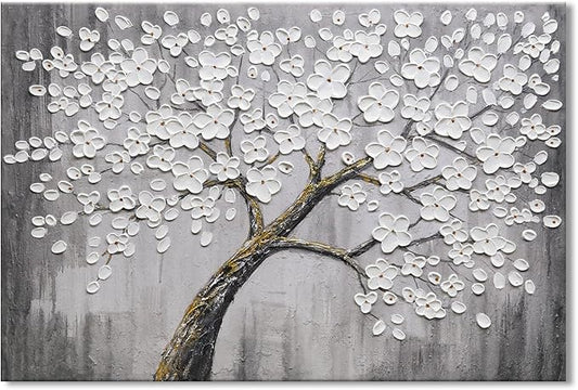 JUHOME Hand-Painted Black and White Thick Texture Flowers Abstract Oil Painting Wall Art,Floral Plum Blossom Tree with Raised Details,Modern Neutral Wall Decor for Home Bedroom,24x36