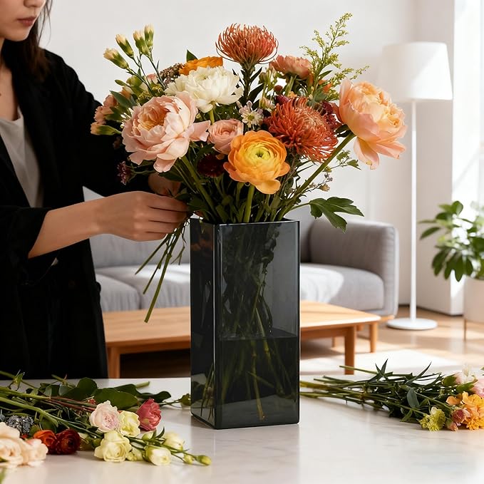 Acrylic Square Flower Vase, Non-breakable Vase, 4" x 4" x 10" Tall Grey Vases for Flower, Large Cube Floral Plant Container, Planter Terrarium for Wedding Party Event, Home Office Decor