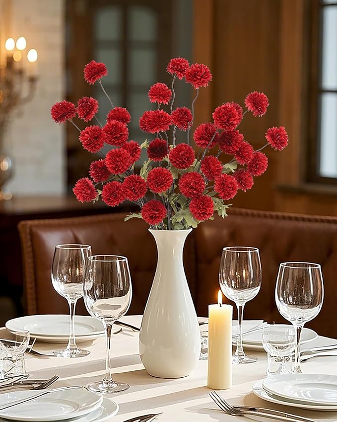 DuHouse 6pcs Artificial Flowers Faux Silk Pompon Mum,Silk Small Mini Chrysanthemum Ball with Stems for DIY Bouquets Centerpieces Vase Home Table Kitchen Decorations(Dark Red)