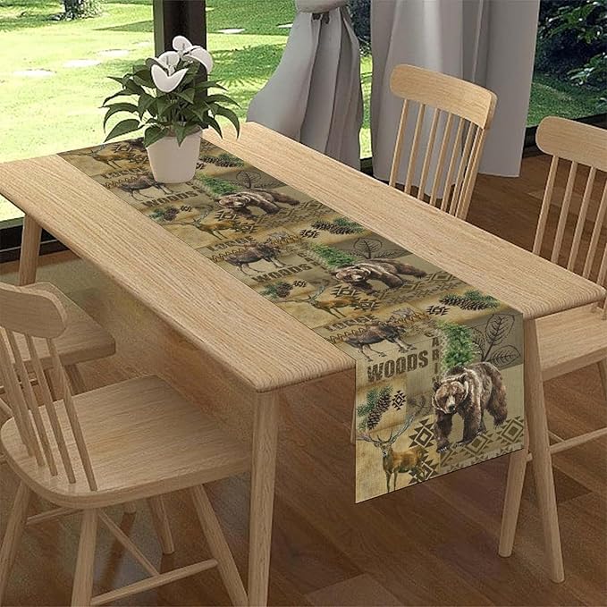 Rustic Cabin Table Runner, Farmhouse Deer Bear Retro Pine Forest Native Aztec Wild Animal Seasonal Coffee Table Center Decor for Home Kitchen Dining Holiday Party Table Decorations 13x108 inches