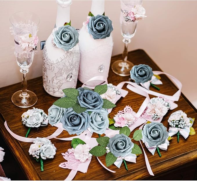 AmyHomie Artificial Flower Dusty Blue Shades Rose 25pcs Real Looking Fake Roses w/Stem for DIY Wedding Bouquets Centerpieces Arrangements Party Baby Shower Valentines Day Christmas Tree Decorations