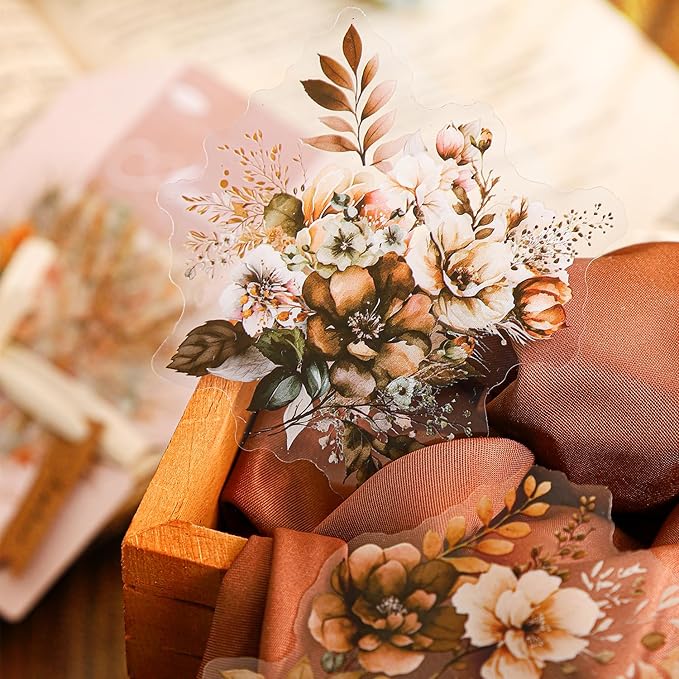TIAMECH Amber Flower Shadow PET Stickers - 120 Pcs Branch Garland Flicker Design, Waterproof Sticker for Journaling & Scrapbooking, Junk Journal Supplies, Ephemera & DIY Crafts