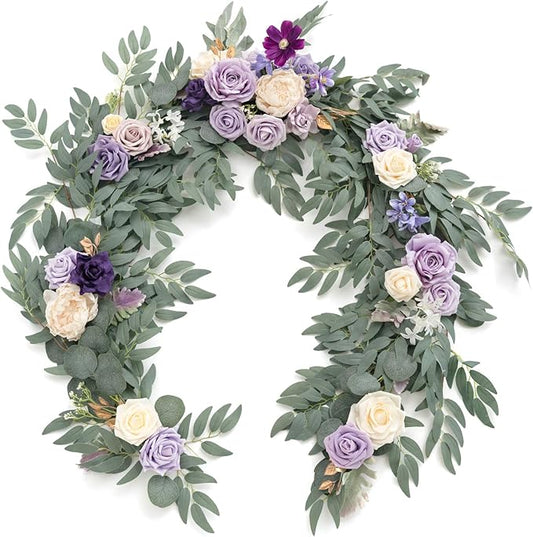 Ling's moment Flower Garland - 6FT Eucalyptus & Rose - Sweetheart Table Decor for Wedding Reception, Artificial Floral Garland for Mantle, Thanksgiving, Christmas Decoration, Lilac & Lavender