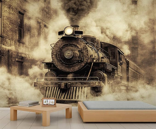 Vintage Steam Train Wall Mural, Industrial Train Engine 3D Wall Murals, Retro Railway Steam Engine Wallpaper Mural, for Living Room Bedroom Large Wallpaper Indoor Decor 59" W x39.4 H