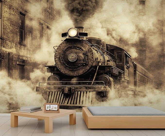 Vintage Steam Train Wall Mural, Industrial Train Engine 3D Wall Murals, Retro Railway Steam Engine Wallpaper Mural, for Living Room Bedroom Large Wallpaper Indoor Decor 118" W x 82.6 "H
