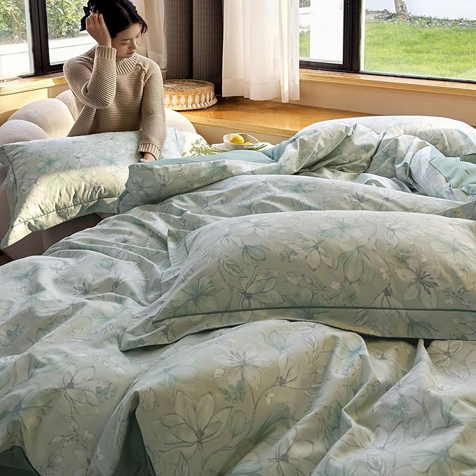 AOJIM Aesthetic Floral Printed Duvet Cover Set for Room Decor, Green Pure Cotton Comforter Cover Set 3pcs for Kids Adults, 1 Soft AB-Sided Quilt Cover Queen Size and 2 Matching Pillowcases, No Quilt