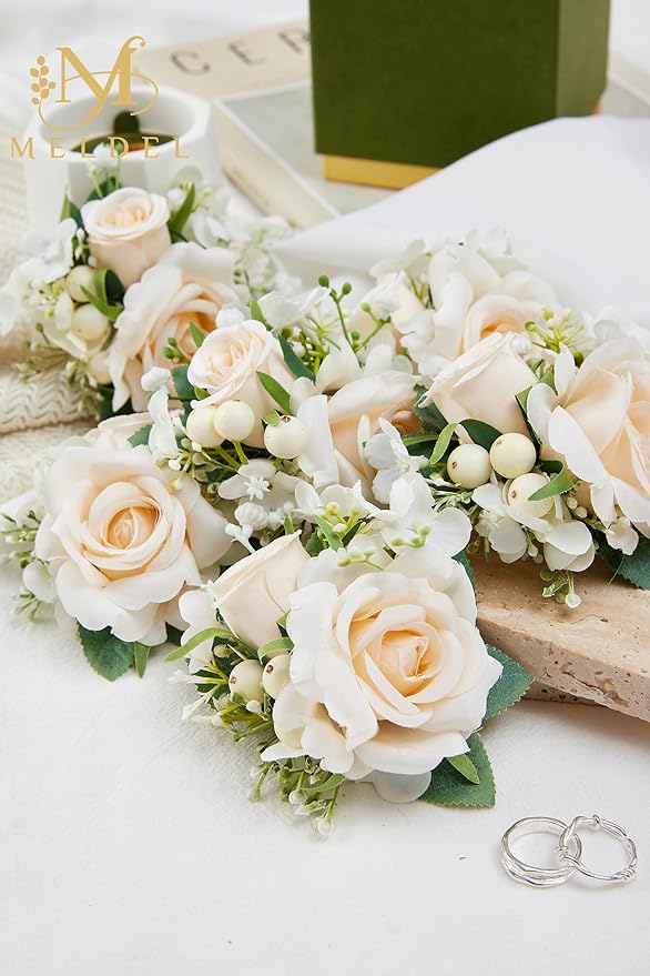 Meldel Champagne Pocket Boutonniere for Men Wedding,Set of 6,Groom Groomsman Boutonnieres Artificial Rose Hydrangea Berry Corsage for Prom Ceremony Party Homecoming