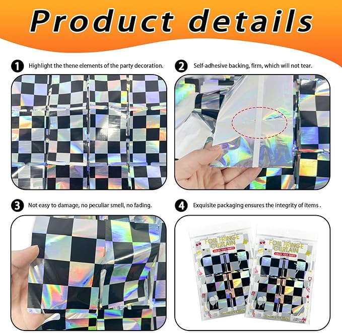 Iridescent Race Car Foil Fringe Curtains Backdrop Racing Party Supplies 2 Pack 3.28 x 6.56 Ft Race Car Theme Background for Kids Boy Birthday Baby Shower Party Decorations