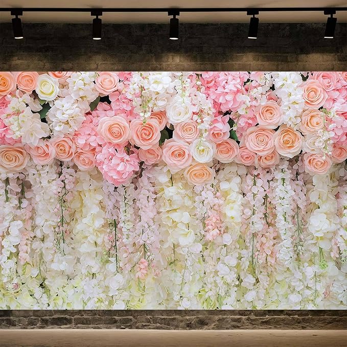 9x6ft Pink Rose Flower Wedding Photography Backdrop Spring Floral Photography Backdrop Valentine's Day Mother's Day Girl Birthday Baby Shower Wedding Bridal Party Banner Photo Booth Props Background