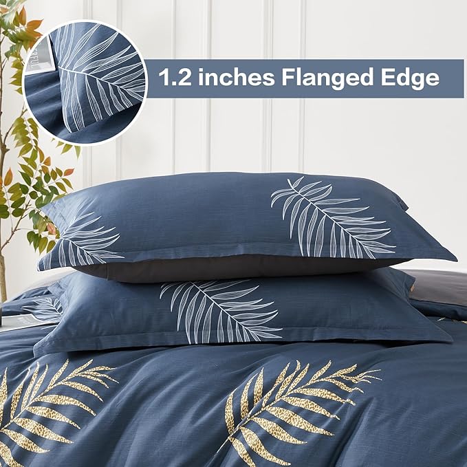 SAPHREAS Navy Blue Duvet Cover Set King Size 3pcs Monstera Leaf Tropical Leaves Cotton Bedding Comforter Cover Set 100% Cotton 1 Duvet Cover 2 Pillow Shams with Zipper