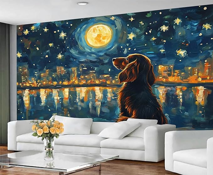 Dog and Moon Night Sky Wall Mural, Starry Night Cityscape 3D Wall Murals, Nighttime Dog Reflection Wallpaper Mural, for Living Room Bedroom Large Wallpaper Indoor Decor 98.4" W x68.9 H