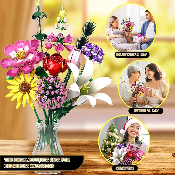 Flower Building Kit, 699 PCS Eternal Flower Bouquet with Peony, Rose, Sunflower, Lily & More, DIY Floral Arrangement Set for Home Decor, Gift for Christmas Day, Building Blocks for Adults & Kids