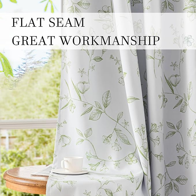 ChrisDowa 100% Blackout Floral Curtains 108 Inches Long 2 Panels for Bedroom Living Room Sage Green Flower Patterned Room Darkening Thermal Insulated Soundproof Grommet Window Treatments Drapes,52X108