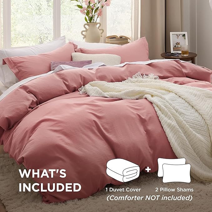 Bedsure Pink Clay Duvet Cover Queen Size - 3 Pieces Prewashed Cotton-Like Extra Soft Bedding Set, Includes 1 Duvet Cover 90x90 Inches with Zipper Closure & 2 Pillow Shams, Comforter Not Included